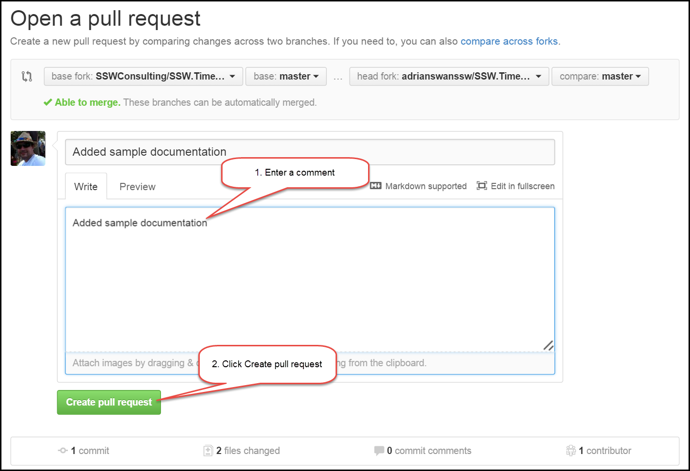 Enter a comment and click Create pull request to create the new request