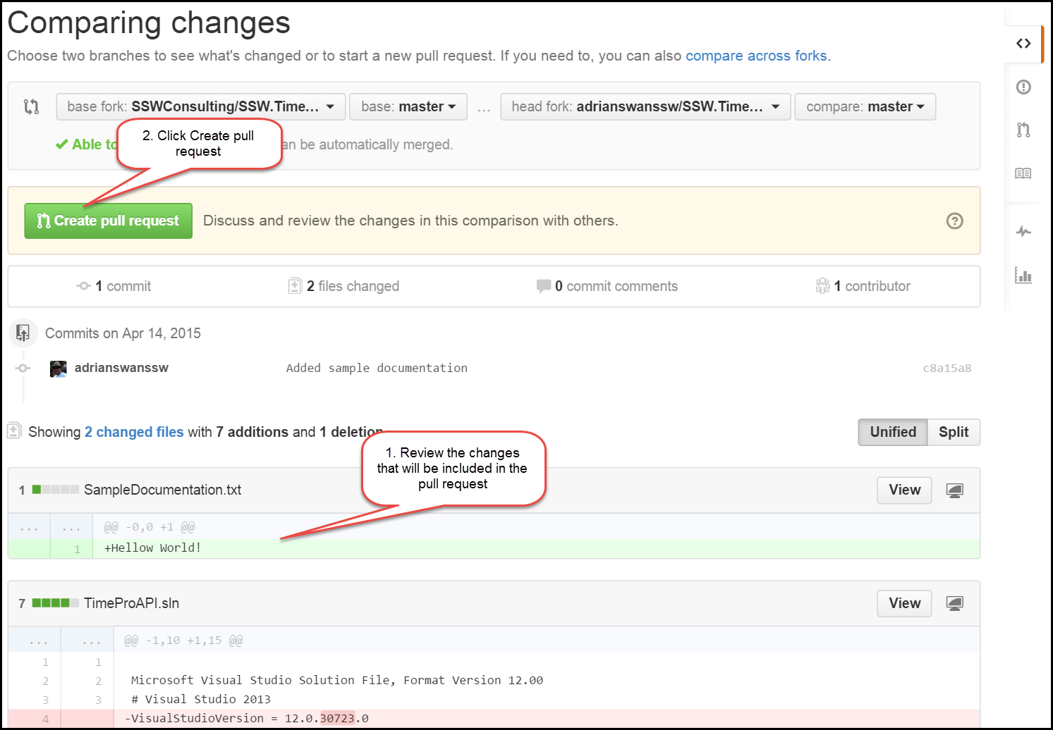 Verify changes that will be included in the pull request