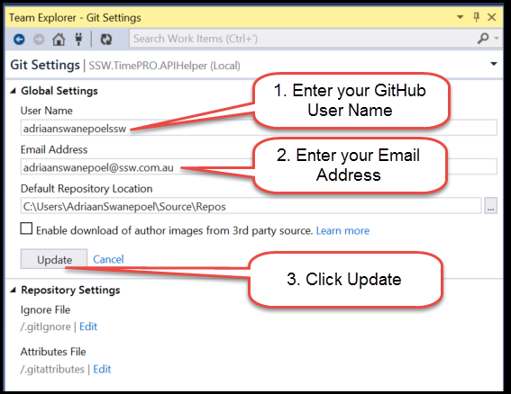 Enter your GitHub user name and email address