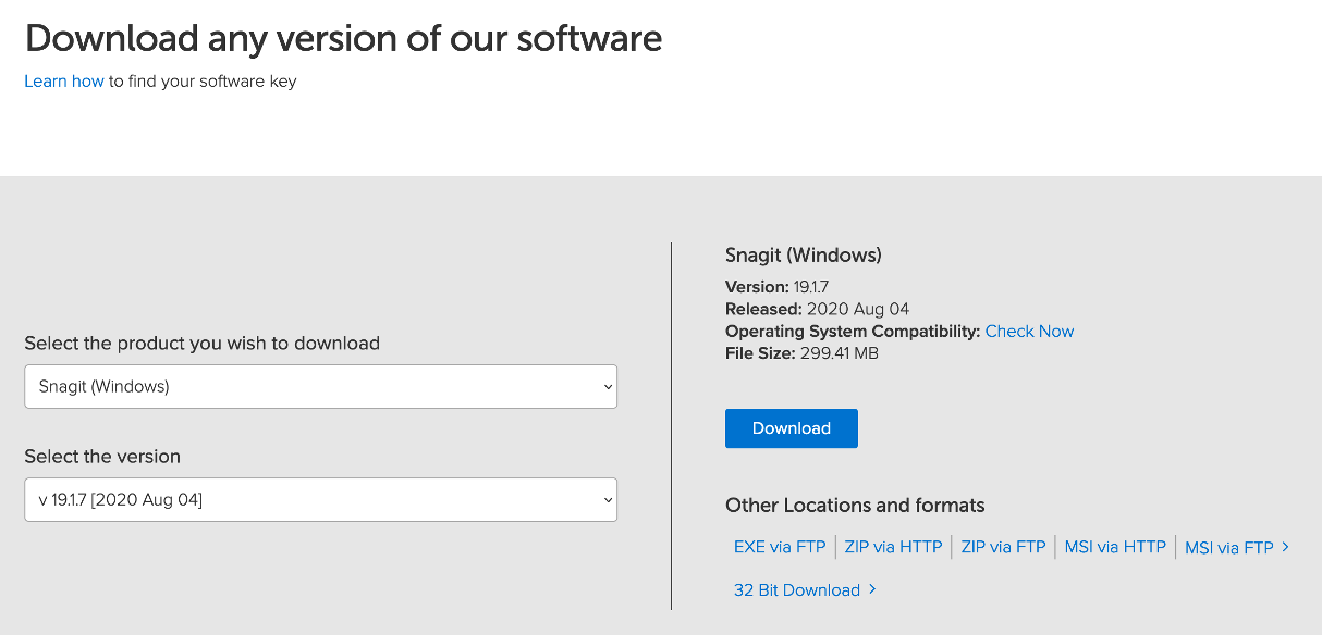 Download page for SnagIt